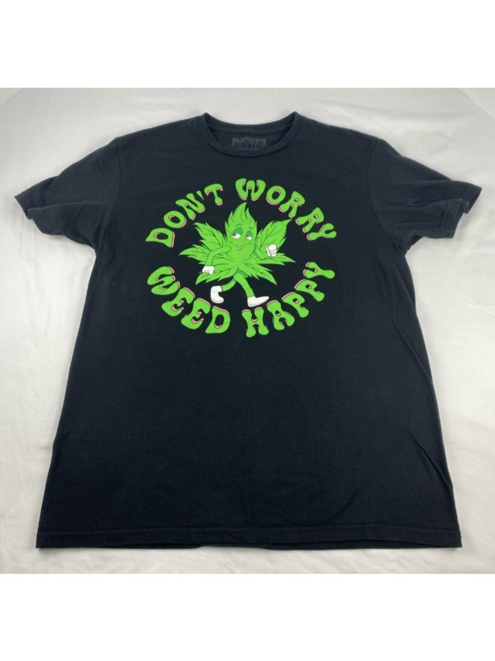 Rebel Society Size M Unisex "Don't Worry ~ Weed Happy" Black T-Shirt 100% Cotton - Picture 1 of 12